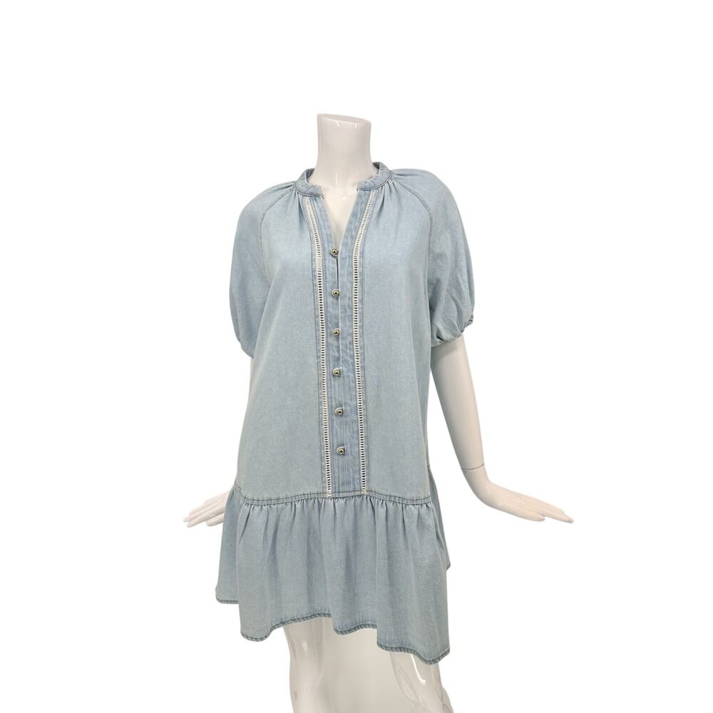 WAYF Cotton Denim Joan Button Front Mini Dress Light Wash Blue Women's Size M